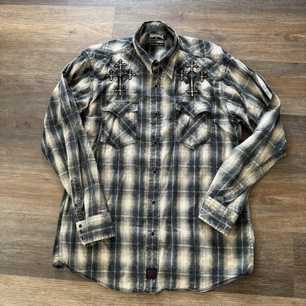 Panhandle Slim Y2K Western Cowboy Pearl‎ Snap Shirt Sz L Fade Plaid 90 Proof - Picture 3 of 9